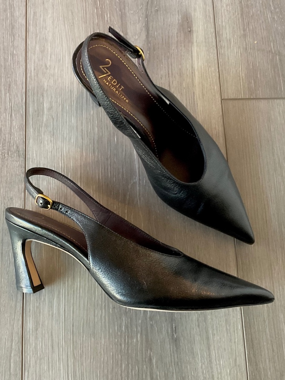 27 EDIT Elaine Slingback Pointed Toe Pump in Black Leather Size 9 LIKE NEW
